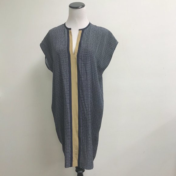 Vince silk navy blue tan split neck sleeveless tunic midi dress XS - Picture 1 of 8